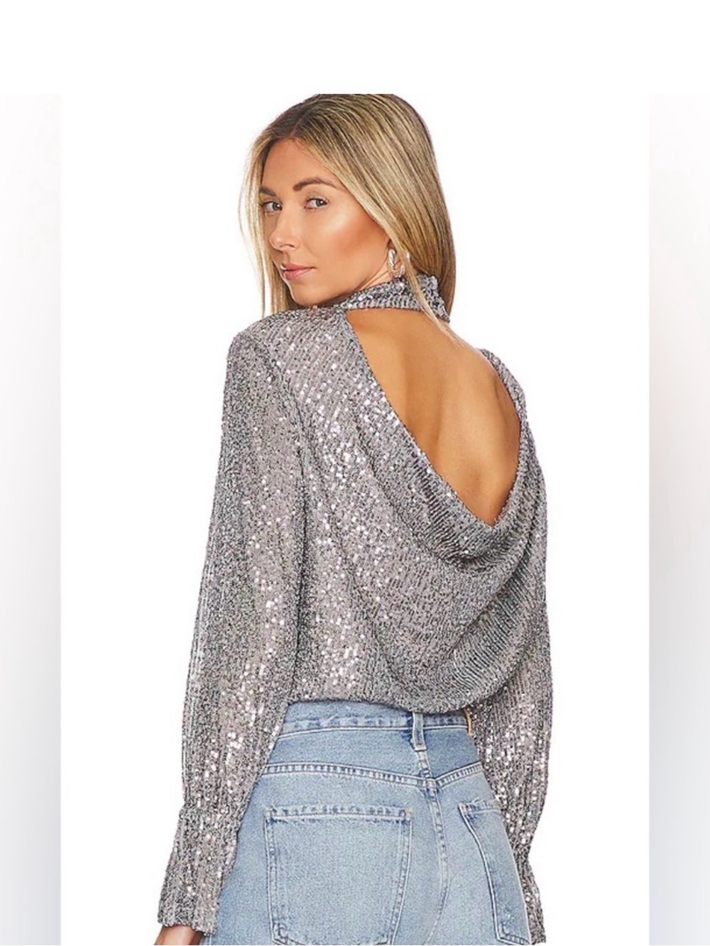 1 State Silver sequined blouse/open back